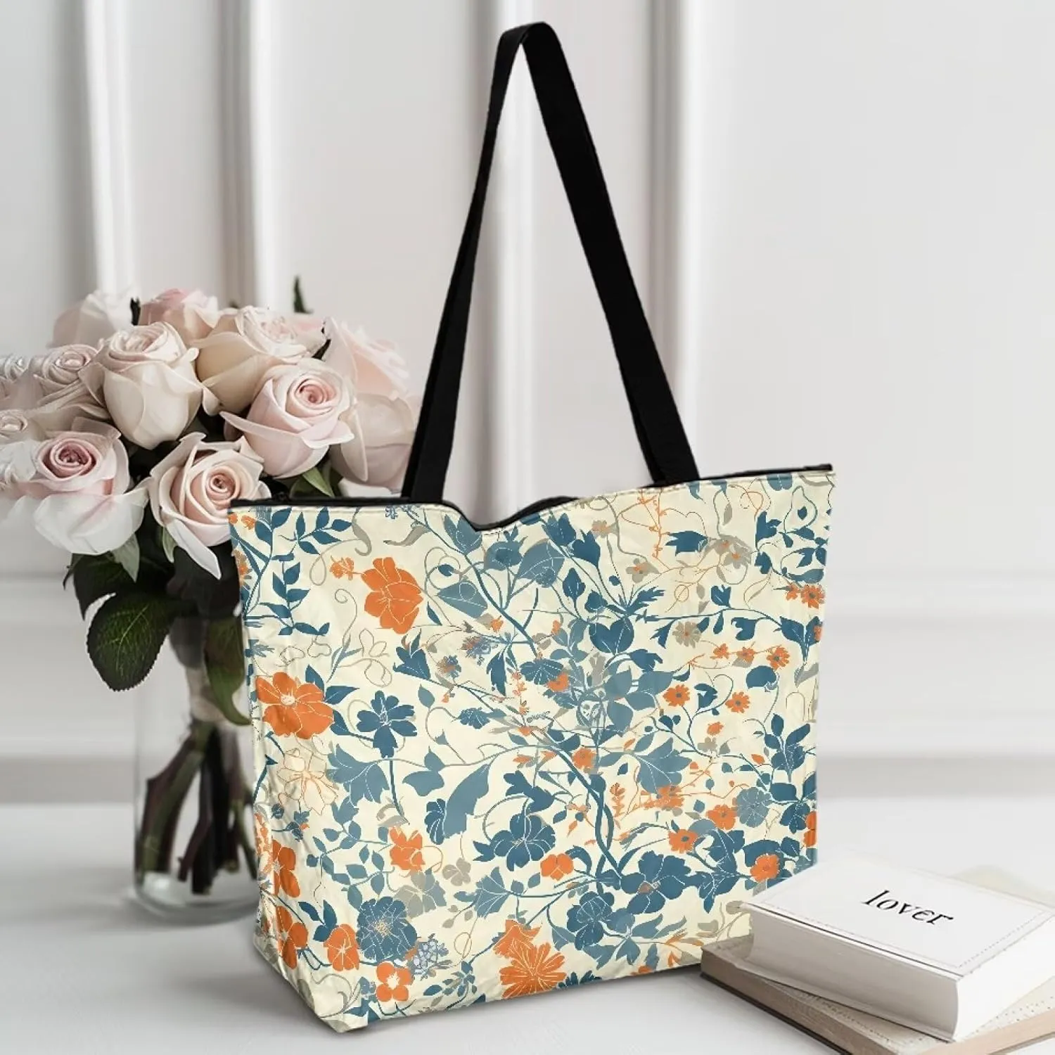 American Flag 14'' Tote Paper Bag for Women Shoulder Tote Bags, Cute Cat Animal Commute Bag, Lemon Fruit Handbag