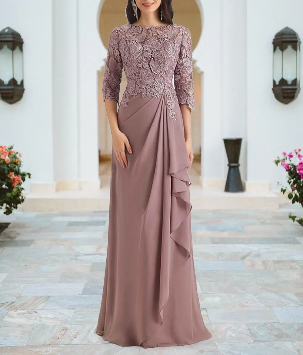 Appliques Mother of The Bride Dresses for Wedding Ruffles Long Chiffon Formal Dress with Sleevess Evening Gown