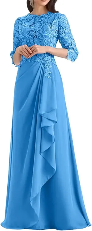Appliques Mother of The Bride Dresses for Wedding Ruffles Long Chiffon Formal Dress with Sleevess Evening Gown