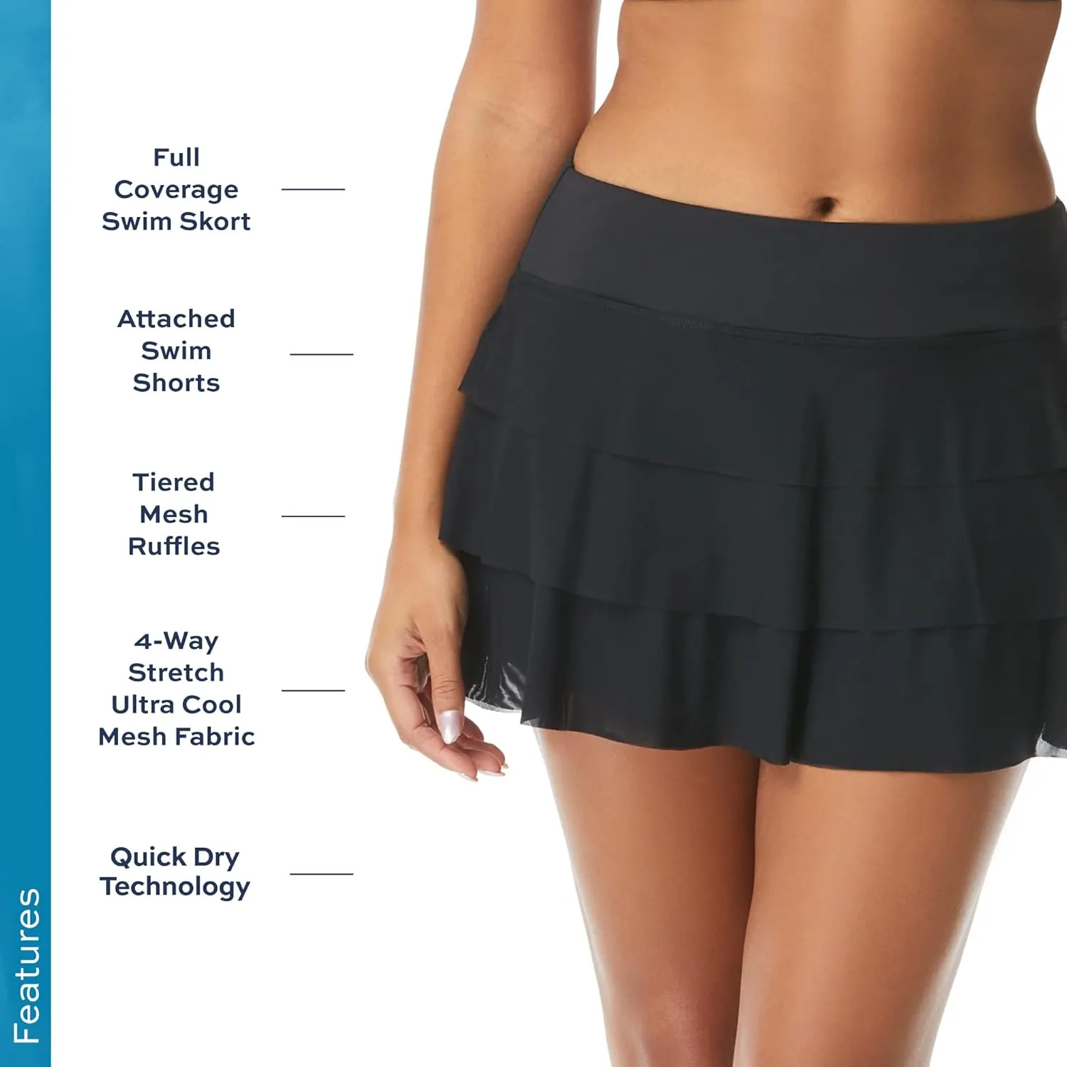 Athletic Swim Skort  Ruffled Bikini Bottom Swimsuit Skirt, Mesh Tiers, Cadence