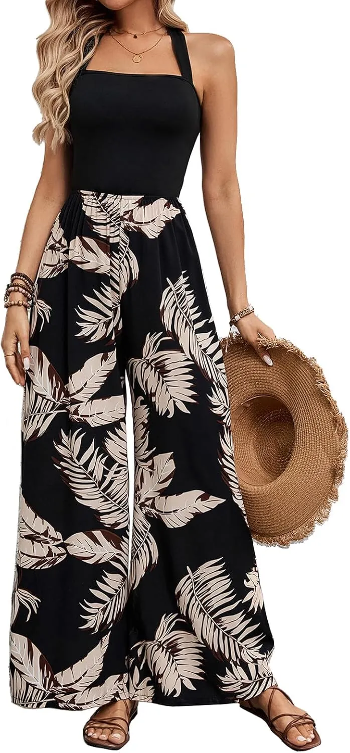 BARASA Women's Summer Leaf Print Hanging Neck Jumpsuit Vacation Beaches Backless Wide Leg Jumpsuit S631