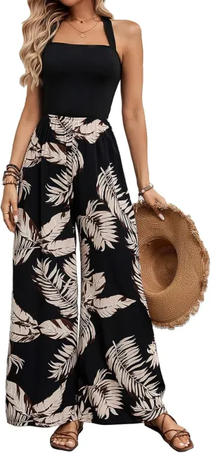 BARASA Women's Summer Leaf Print Hanging Neck Jumpsuit Vacation Beaches Backless Wide Leg Jumpsuit S631