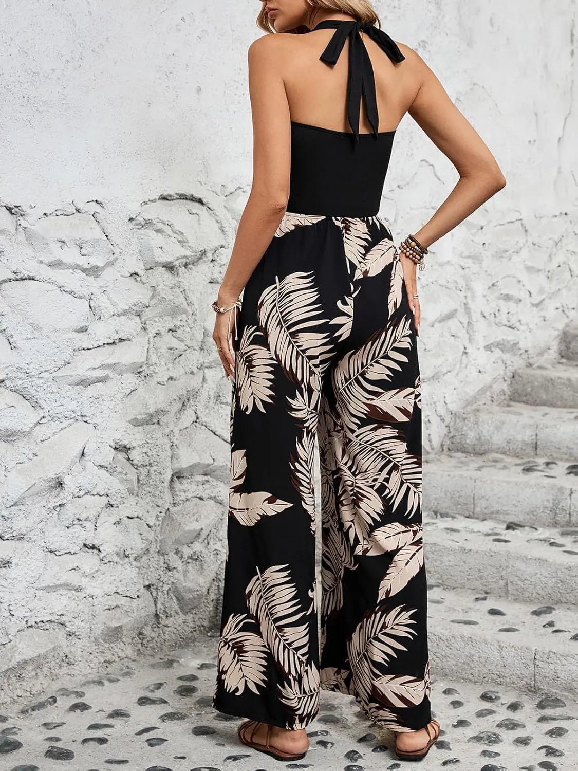 BARASA Women's Summer Leaf Print Hanging Neck Jumpsuit Vacation Beaches Backless Wide Leg Jumpsuit S631
