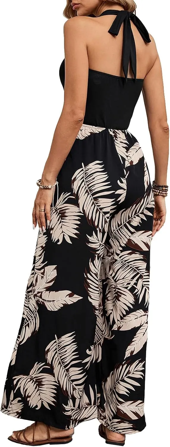 BARASA Women's Summer Leaf Print Hanging Neck Jumpsuit Vacation Beaches Backless Wide Leg Jumpsuit S631
