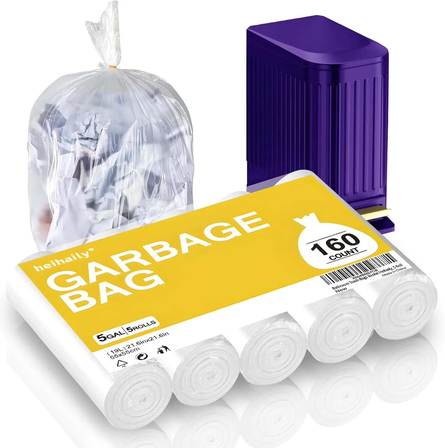 Bathroom Trash-Bags 5-Gallon Garbage Bag - Strong Unscented Clear White Plastic Unscented 160 Counts Disposable Can Liners for Restroom Kitchen Car Waste Basket Heihaily, 5 Roll