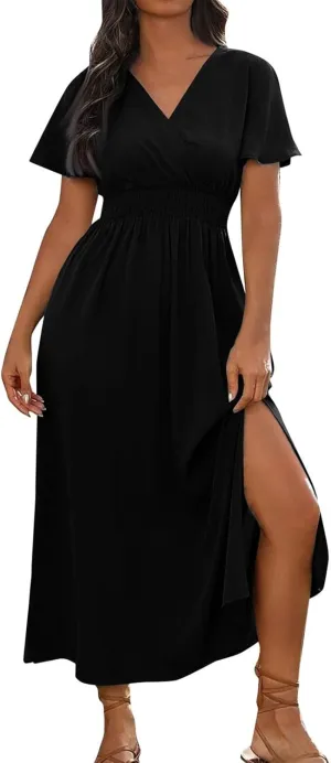 BAXLIMEK Maxi Dresses for Women,2025 Spring Summer Elegant V Neck Short Sleeve Beach Dress,Flowy Ruched Vacation Boho Dress