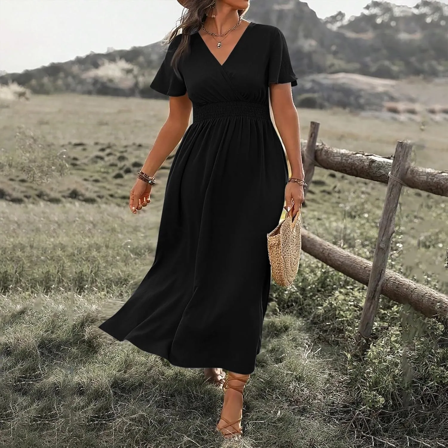 BAXLIMEK Maxi Dresses for Women,2025 Spring Summer Elegant V Neck Short Sleeve Beach Dress,Flowy Ruched Vacation Boho Dress