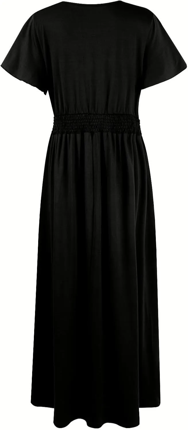 BAXLIMEK Maxi Dresses for Women,2025 Spring Summer Elegant V Neck Short Sleeve Beach Dress,Flowy Ruched Vacation Boho Dress