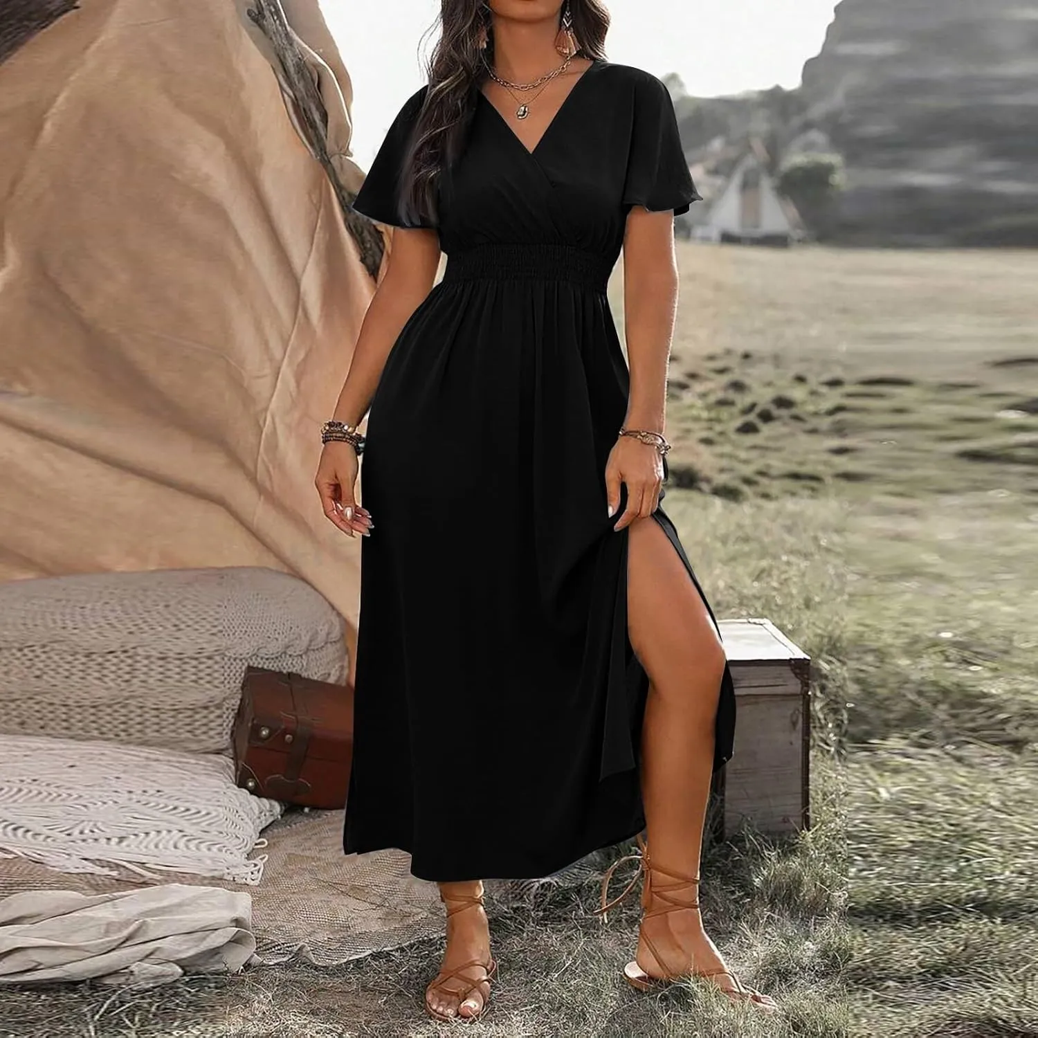 BAXLIMEK Maxi Dresses for Women,2025 Spring Summer Elegant V Neck Short Sleeve Beach Dress,Flowy Ruched Vacation Boho Dress