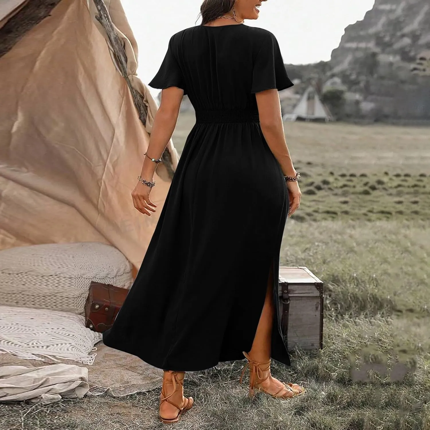 BAXLIMEK Maxi Dresses for Women,2025 Spring Summer Elegant V Neck Short Sleeve Beach Dress,Flowy Ruched Vacation Boho Dress