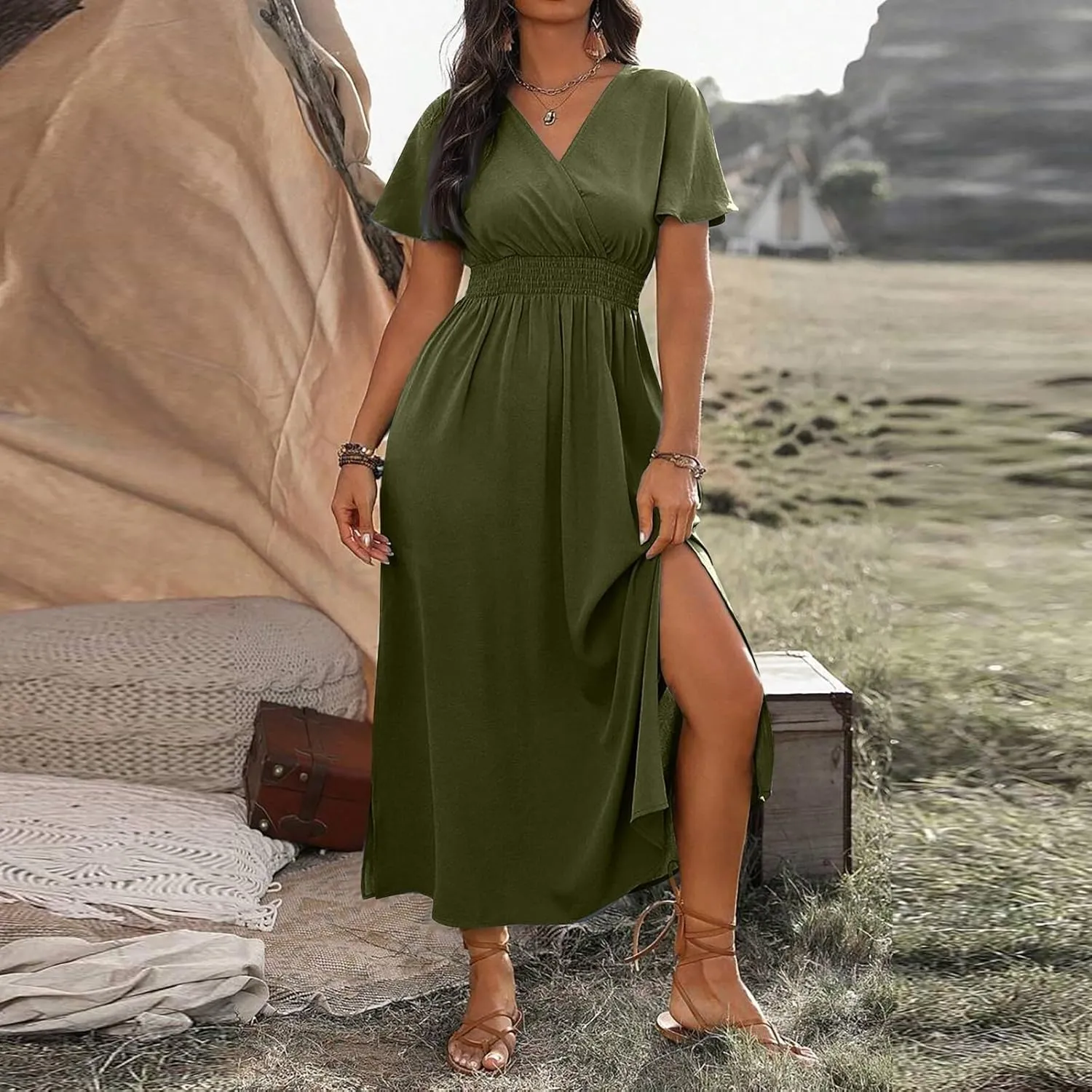 BAXLIMEK Maxi Dresses for Women,2025 Spring Summer Elegant V Neck Short Sleeve Beach Dress,Flowy Ruched Vacation Boho Dress