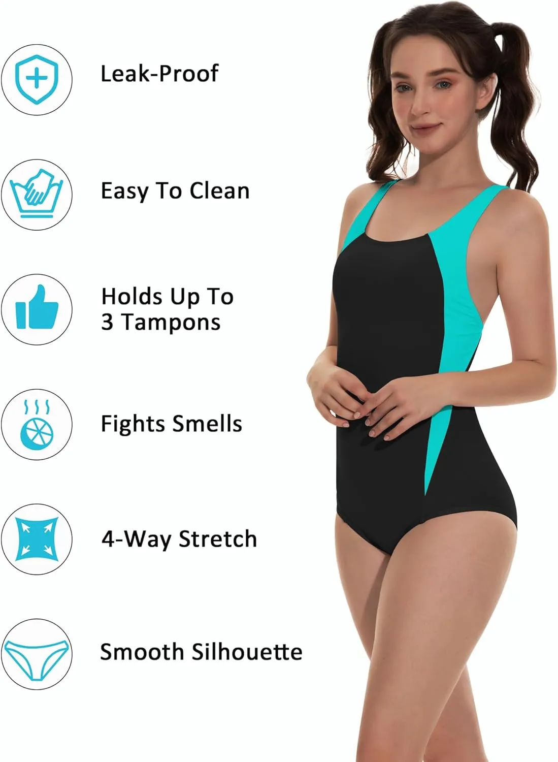 Beautikini Period Swimwear One Piece Leakproof Athletic Racerback Swimsuit Menstrual Sporty Bathing Suit for Teen Girls Women