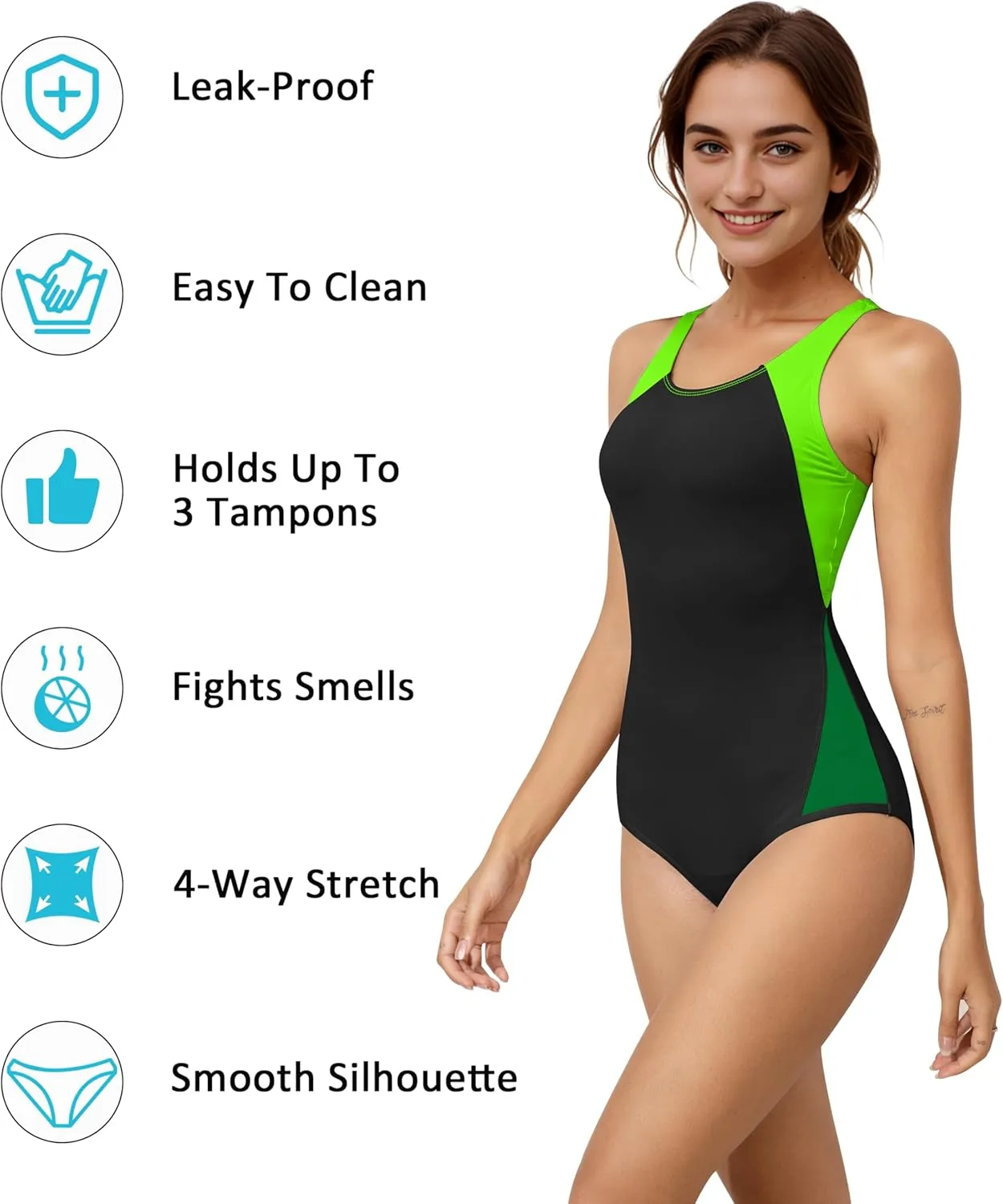 Beautikini Period Swimwear One Piece Leakproof Menstrual Swimsuit Racerback Color Block Bathing Suit for Teen Girls Women