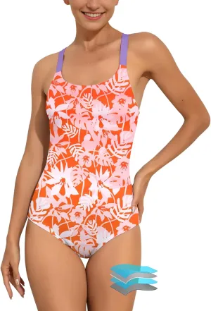 Beautikini Period Swimwear One Piece Leakproof Swimsuit Menstrual Athletic Print Bathing Suit for Teen Girls Women