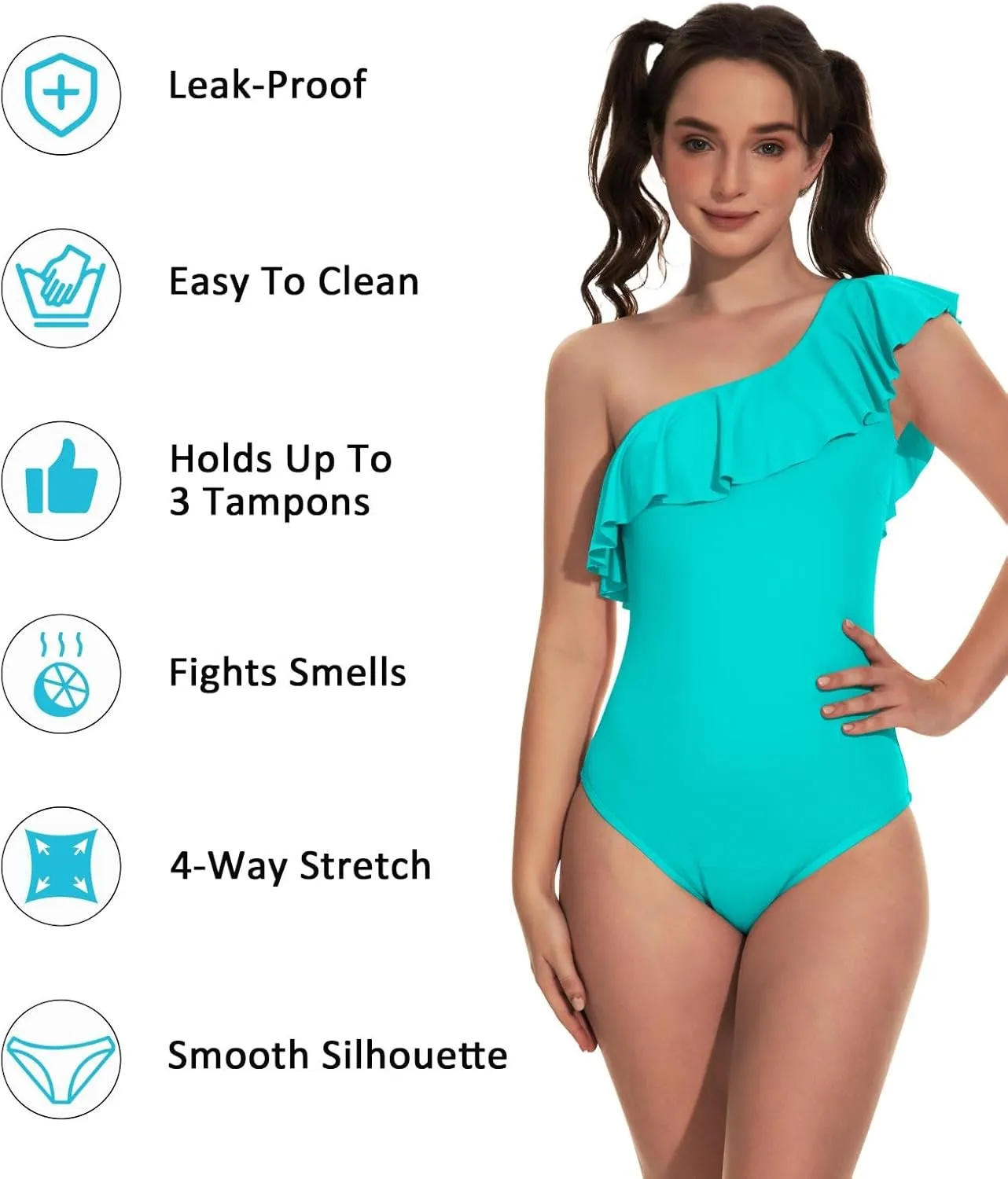 Beautikini Period Swimwear One Piece Menstrual Leakproof Swimsuit One Shoulder Ruffle Bathing Suits for Girls Teens