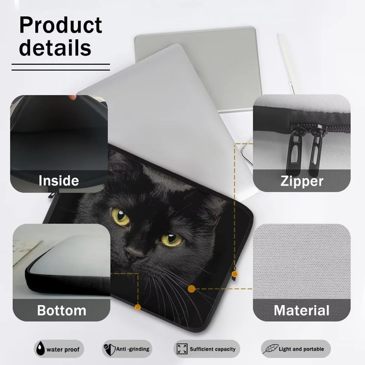 Black Cat Print Laptop Sleeve 17 Inch, Computer Carrying Case Accessories Bag for Travel Business School