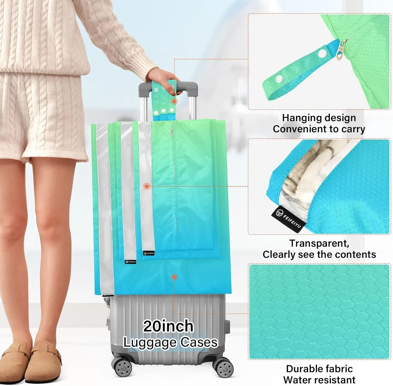 Blue Gradient Compression Packing Cubes Suitcase Organizer Bags Set for Travel Cubes for Women Travel Accessories