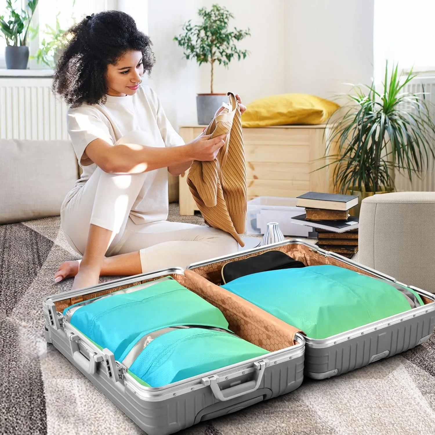 Blue Gradient Compression Packing Cubes Suitcase Organizer Bags Set for Travel Cubes for Women Travel Accessories