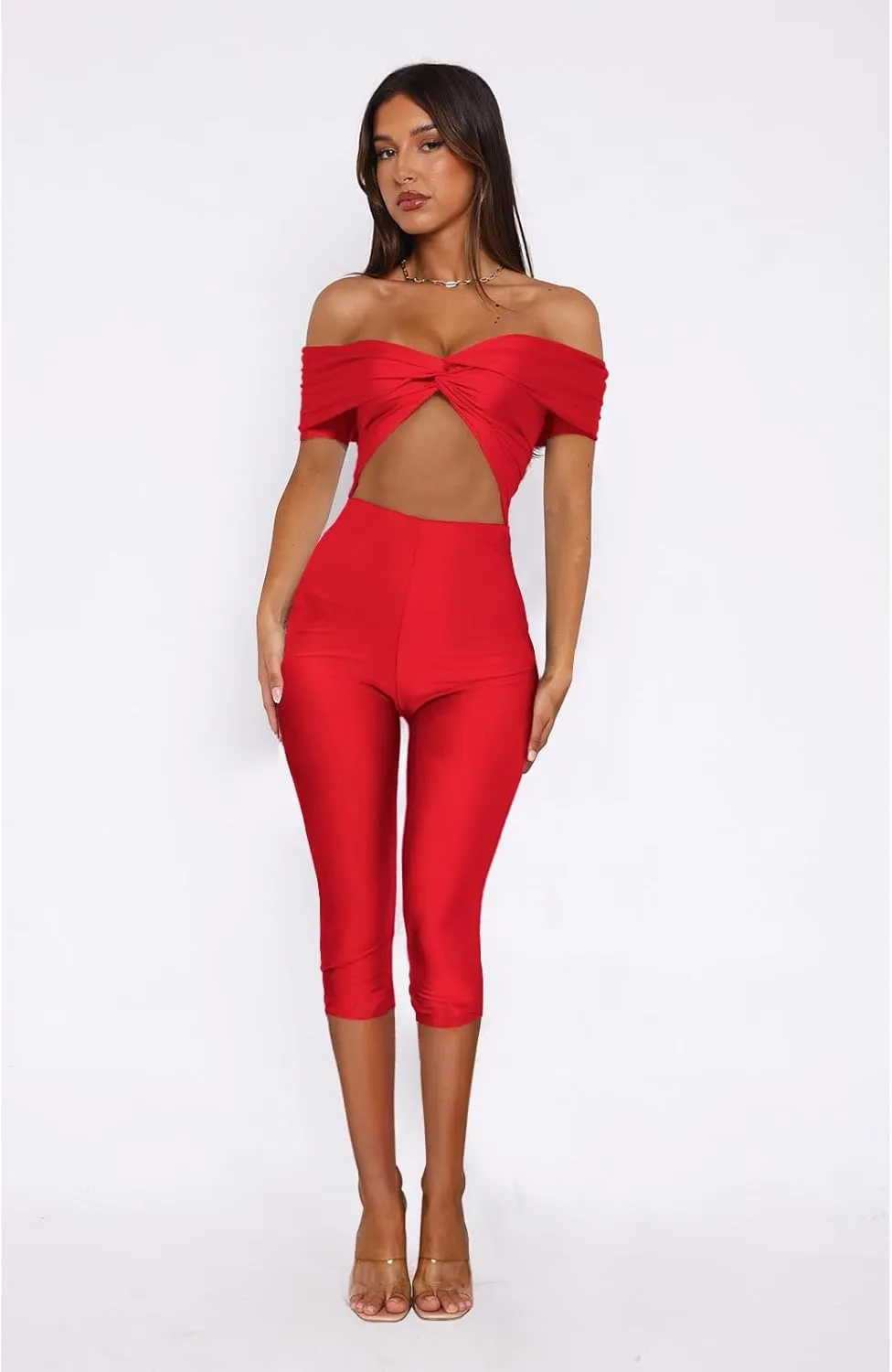 Bodycon Jumpsuit for Women - Short Sleeve Off Shoulder Twist Front Cut Out Capri Pants Sexy One Piece Outfits