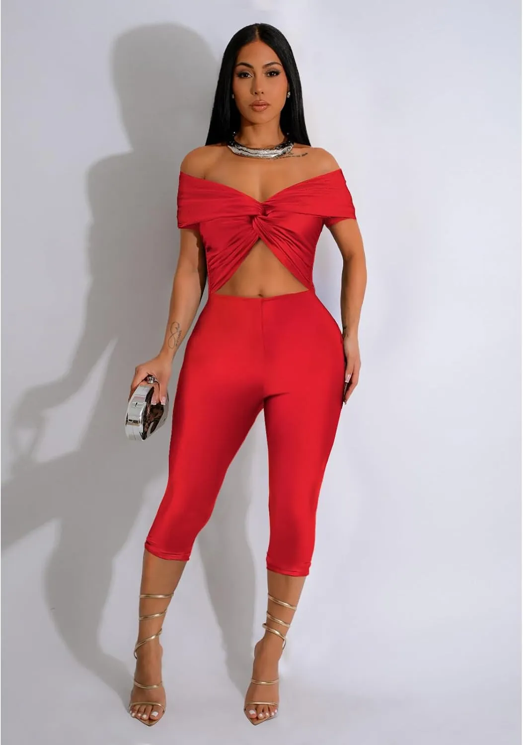 Bodycon Jumpsuit for Women - Short Sleeve Off Shoulder Twist Front Cut Out Capri Pants Sexy One Piece Outfits