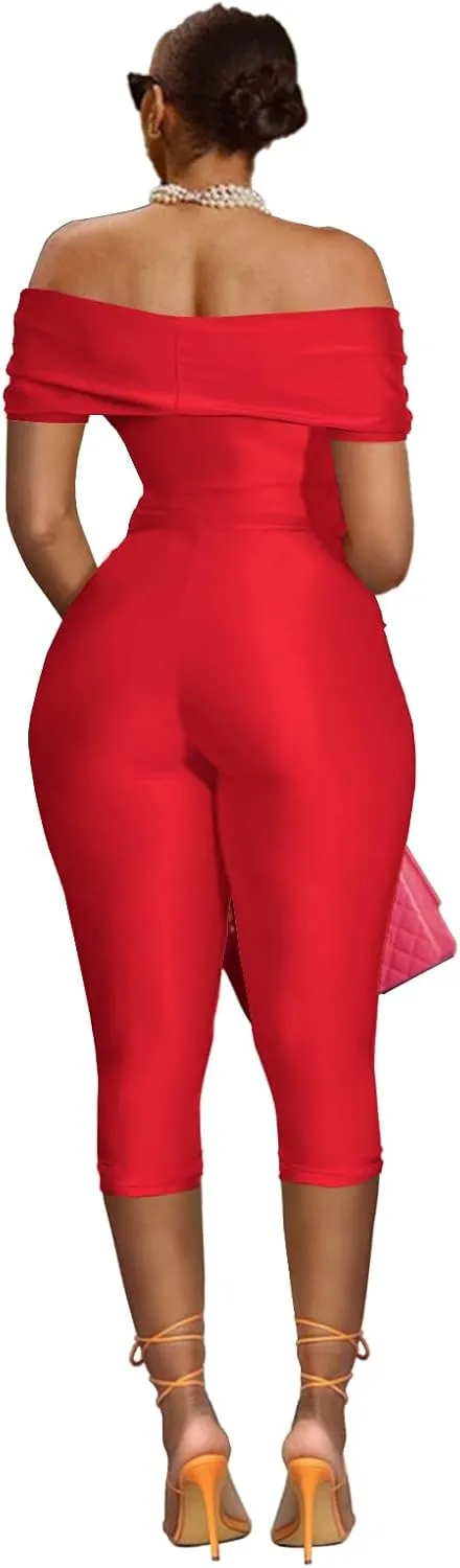 Bodycon Jumpsuit for Women - Short Sleeve Off Shoulder Twist Front Cut Out Capri Pants Sexy One Piece Outfits
