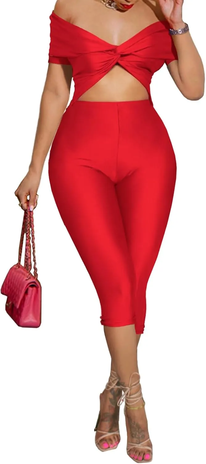 Bodycon Jumpsuit for Women - Short Sleeve Off Shoulder Twist Front Cut Out Capri Pants Sexy One Piece Outfits