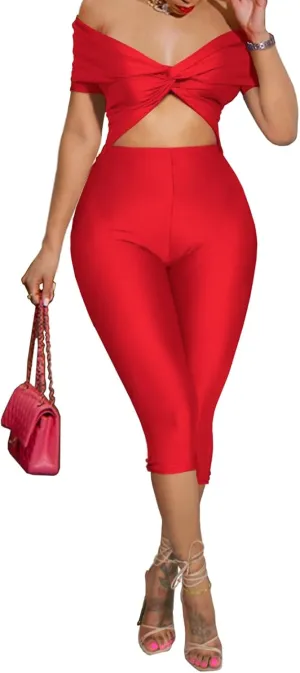 Bodycon Jumpsuit for Women - Short Sleeve Off Shoulder Twist Front Cut Out Capri Pants Sexy One Piece Outfits