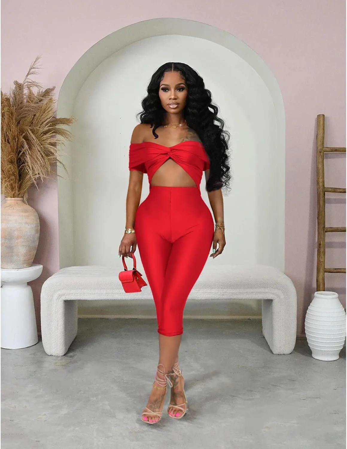 Bodycon Jumpsuit for Women - Short Sleeve Off Shoulder Twist Front Cut Out Capri Pants Sexy One Piece Outfits