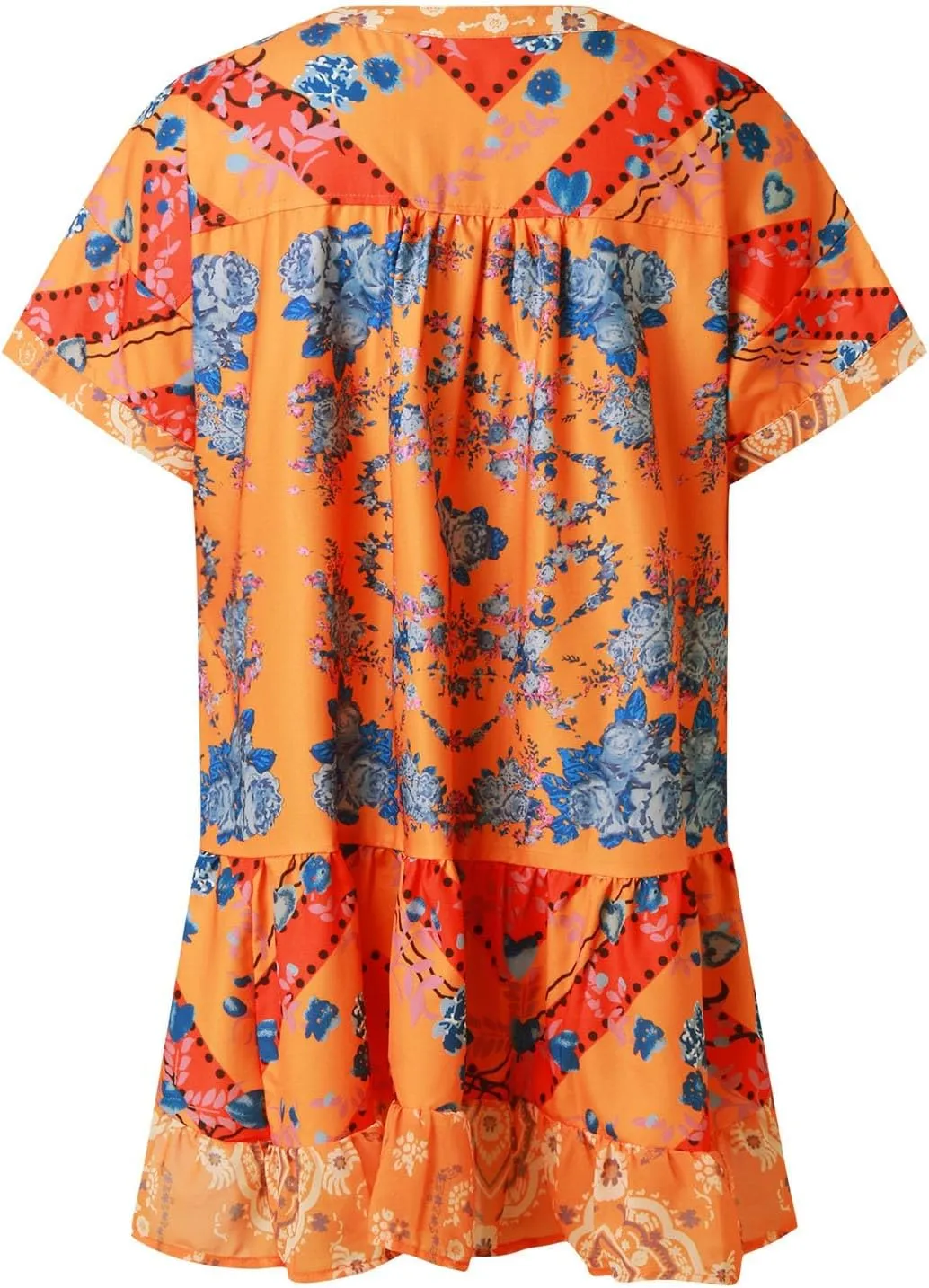 Boho Mini Dresses for Women Summer Y2K Casual Short Sleeve Beach Sexy Deep V Neck Ruffle Floral Flowy Babydoll Dress