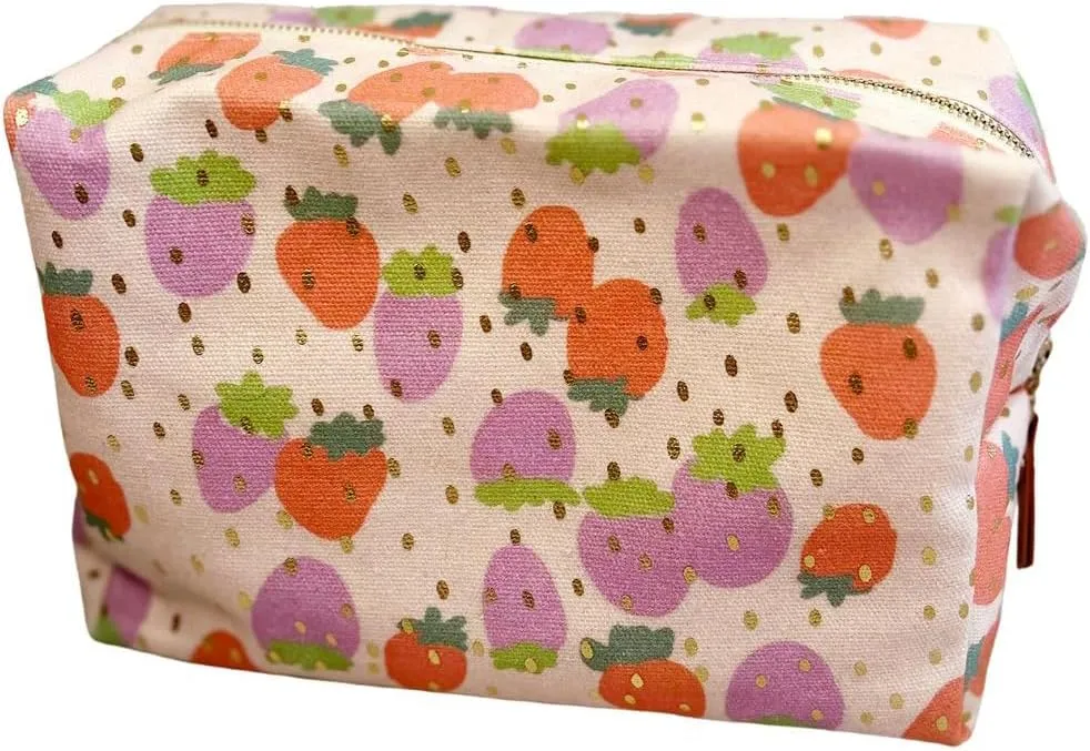Canvas Makeup Bag Cosmetic Pouch for Travel Make Up Accessories for Women and Girls. (Peach Strawberry)