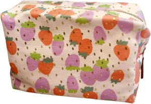 Canvas Makeup Bag Cosmetic Pouch for Travel Make Up Accessories for Women and Girls. (Peach Strawberry)