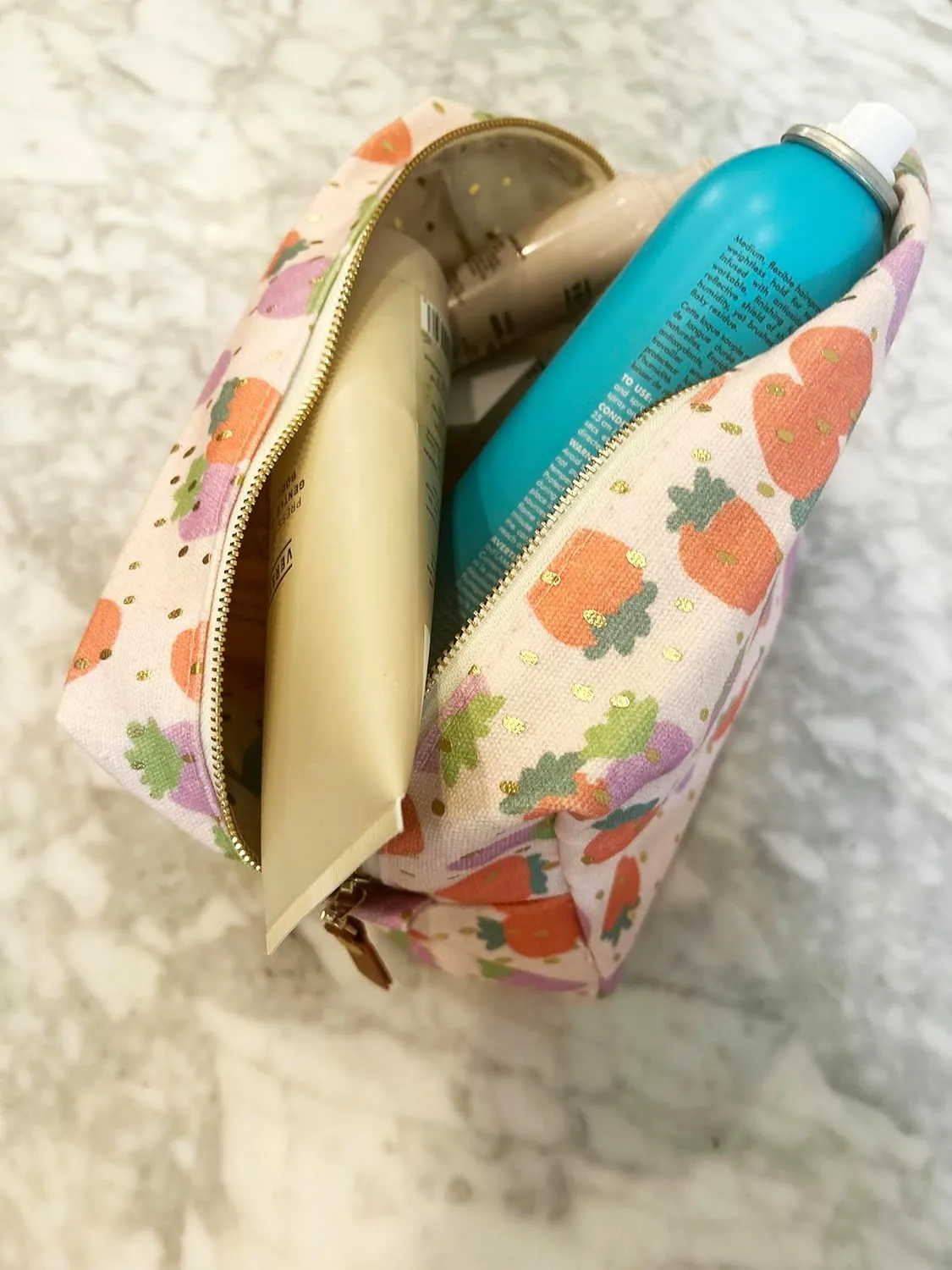 Canvas Makeup Bag Cosmetic Pouch for Travel Make Up Accessories for Women and Girls. (Peach Strawberry)