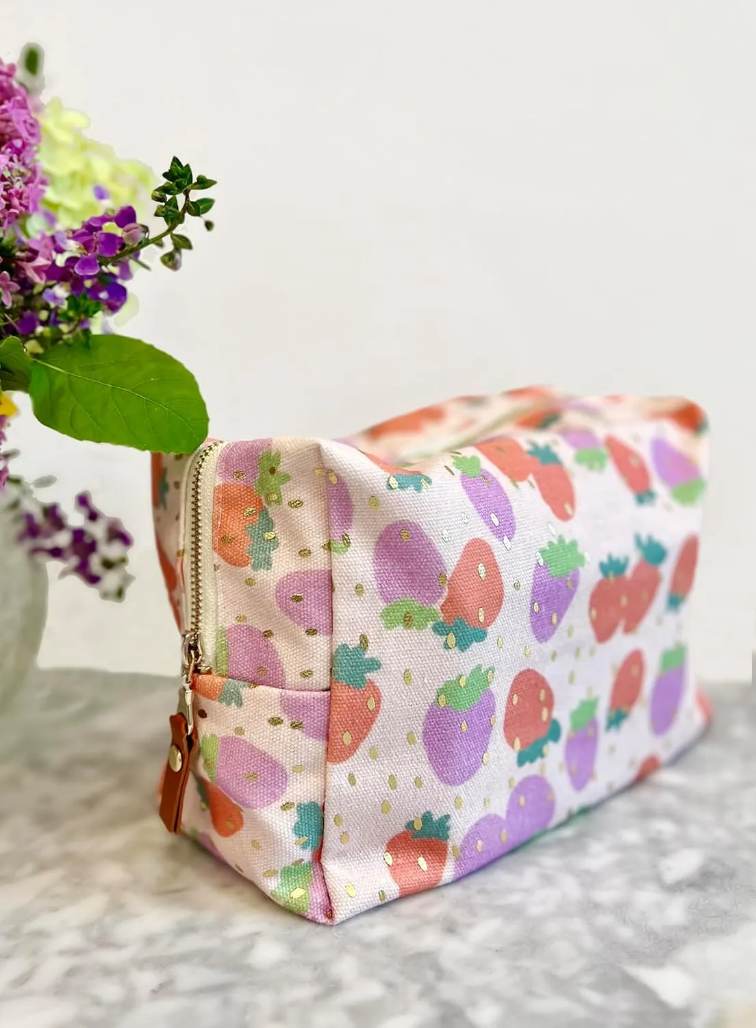 Canvas Makeup Bag Cosmetic Pouch for Travel Make Up Accessories for Women and Girls. (Peach Strawberry)
