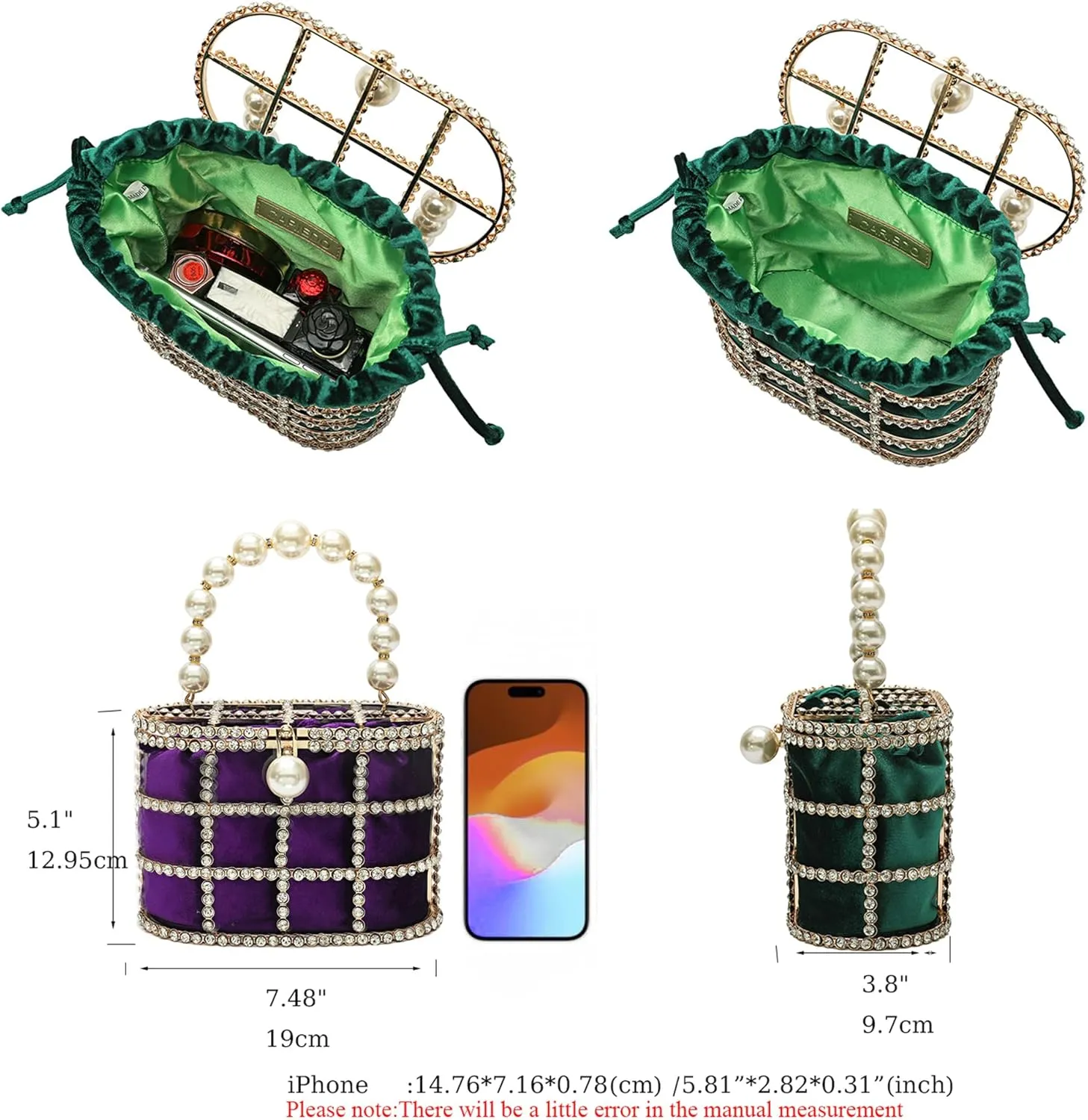 CARIEDO Evening Handbag Women Clutch Purses with Pearl Diamonds for Wedding Prom Birthday Party Dinner Accessories