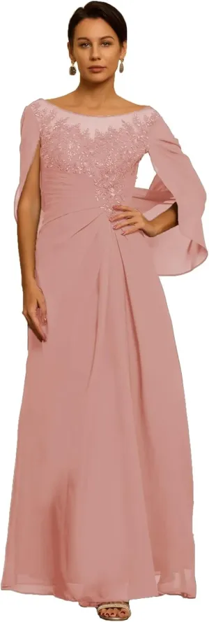 Chiffon Cape Mother of The Bride Dresses for Wedding Laces Appliques Scoop Formal Dresses Evening Gowns