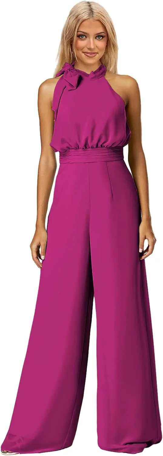 Chiffon Formal Jumpsuits for Women Sleeveless Wide Leg Long Pants Halter Corset Rompers Overalls