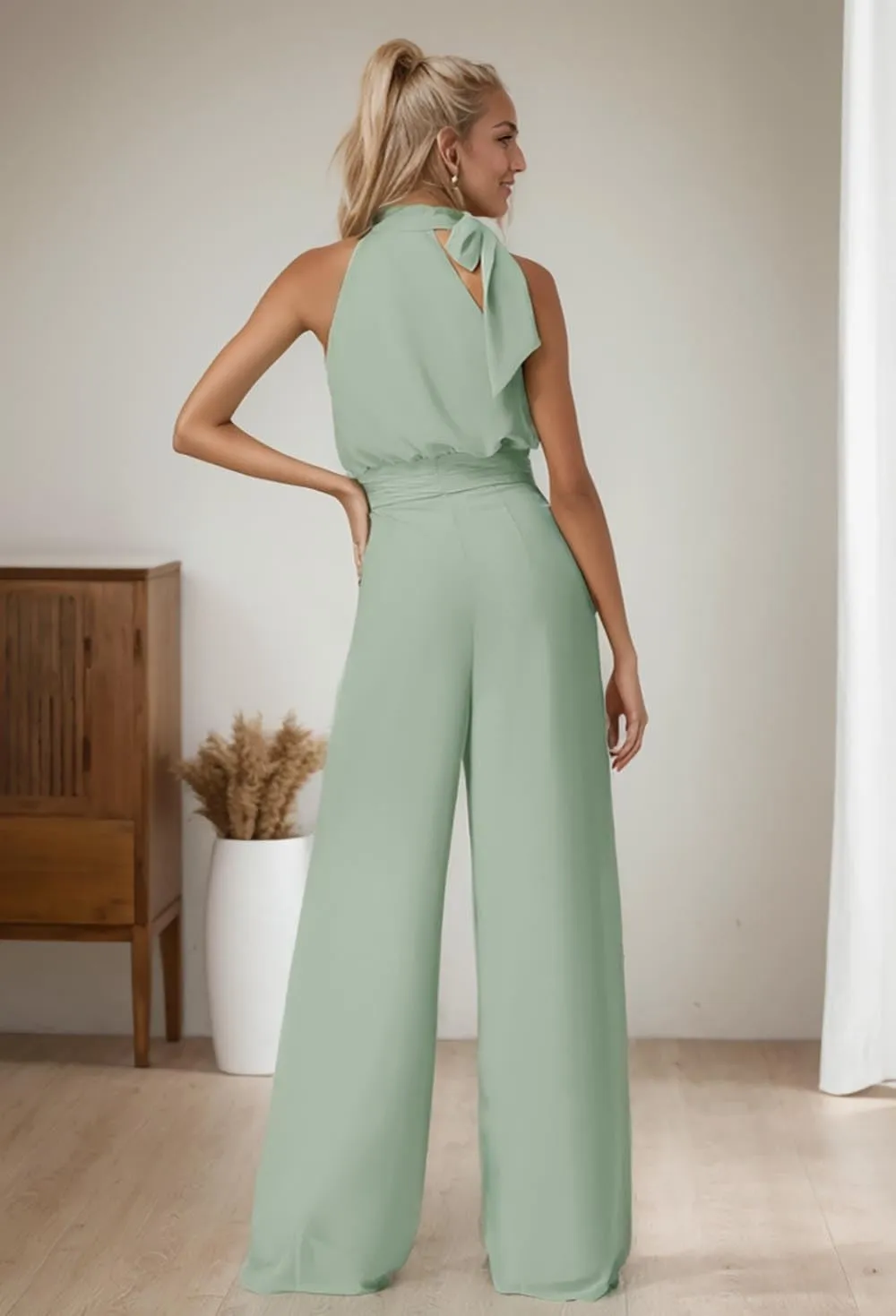 Chiffon Formal Jumpsuits for Women Sleeveless Wide Leg Long Pants Halter Corset Rompers Overalls