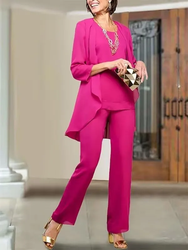 Chiffon Mother of The Bride Pant Suits for Wedding 3 Pieces Wedding Guest Outfits for Women with Jacket