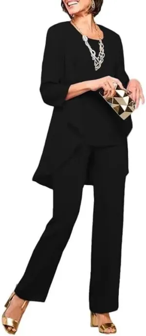 Chiffon Mother of The Bride Pant Suits for Wedding 3 Pieces Wedding Guest Outfits for Women with Jacket