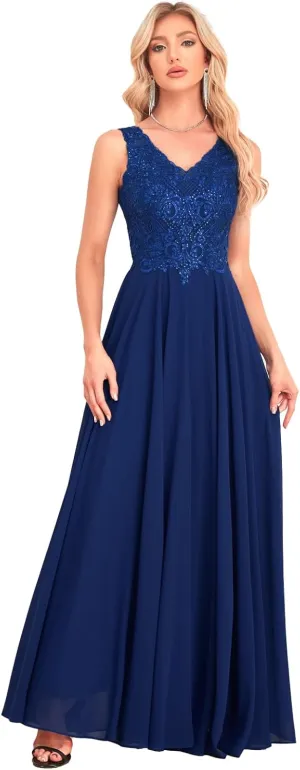 Chiffon V-Neck Mother of The Bride Dresses for Wedding Lace Appliques Sequin Formal Evening Gown