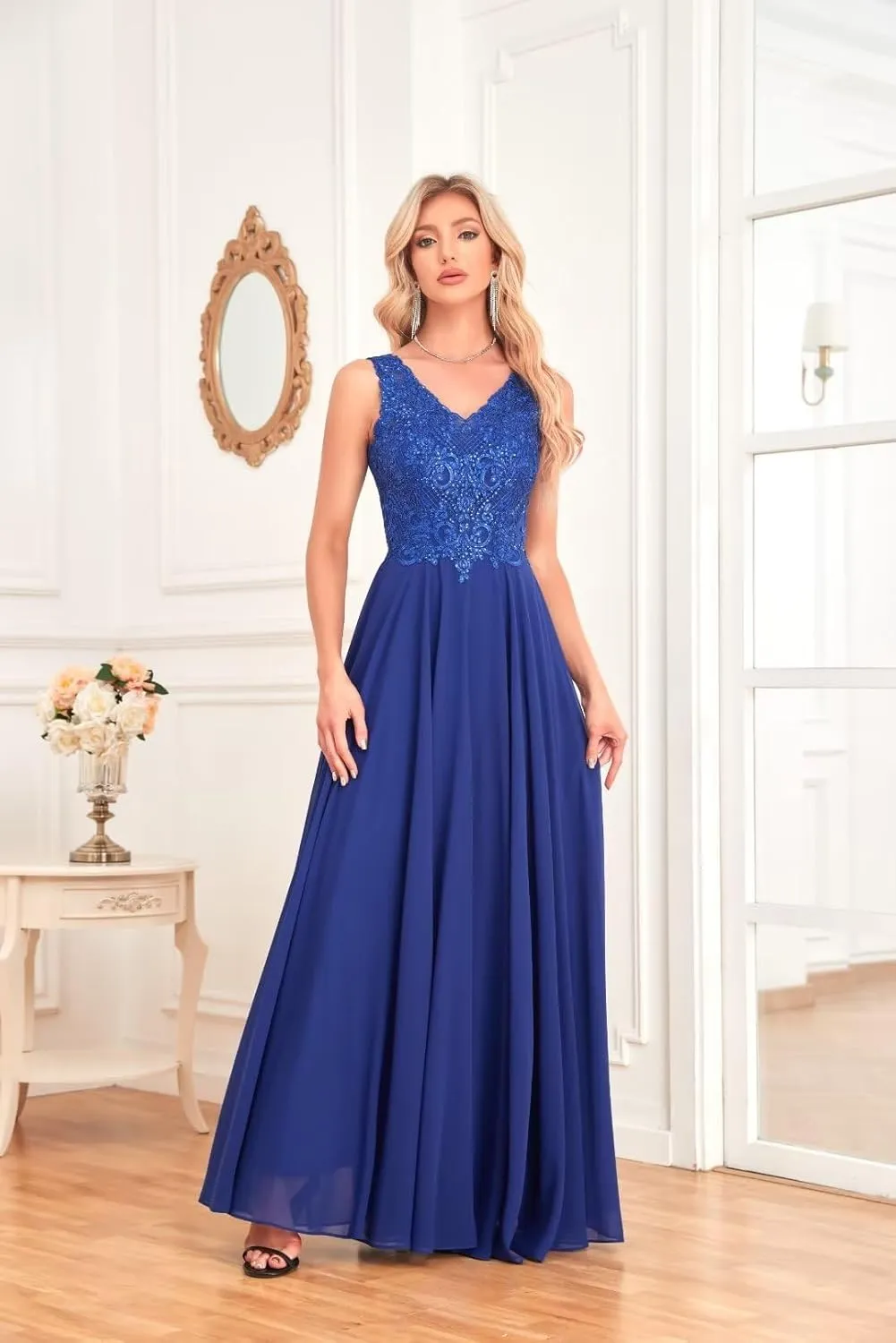 Chiffon V-Neck Mother of The Bride Dresses for Wedding Lace Appliques Sequin Formal Evening Gown
