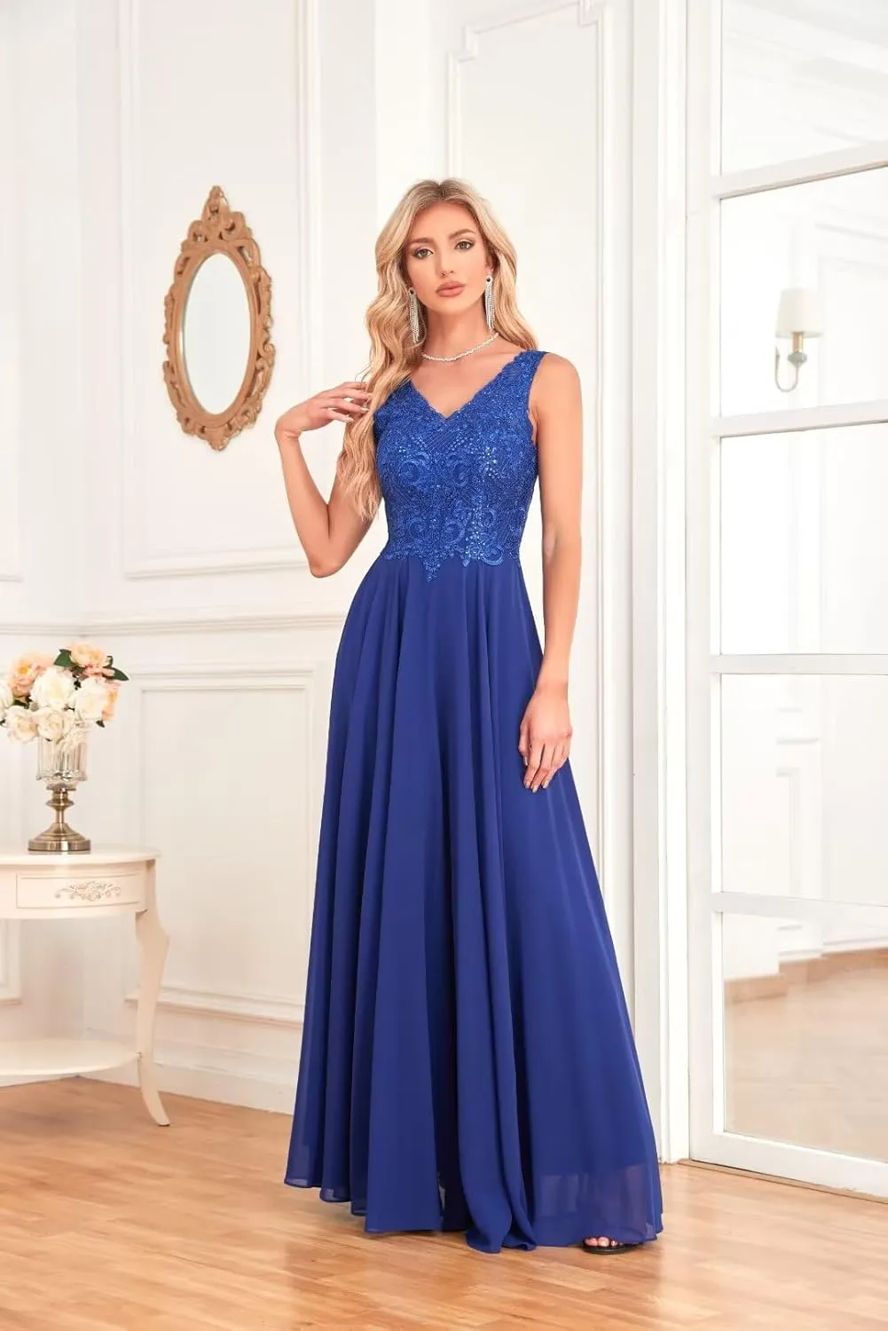 Chiffon V-Neck Mother of The Bride Dresses for Wedding Lace Appliques Sequin Formal Evening Gown