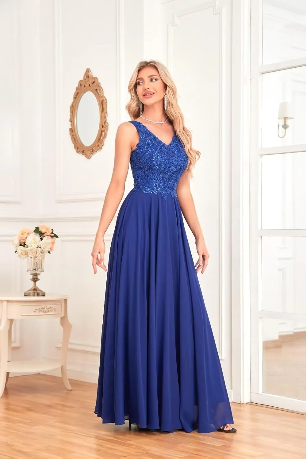 Chiffon V-Neck Mother of The Bride Dresses for Wedding Lace Appliques Sequin Formal Evening Gown