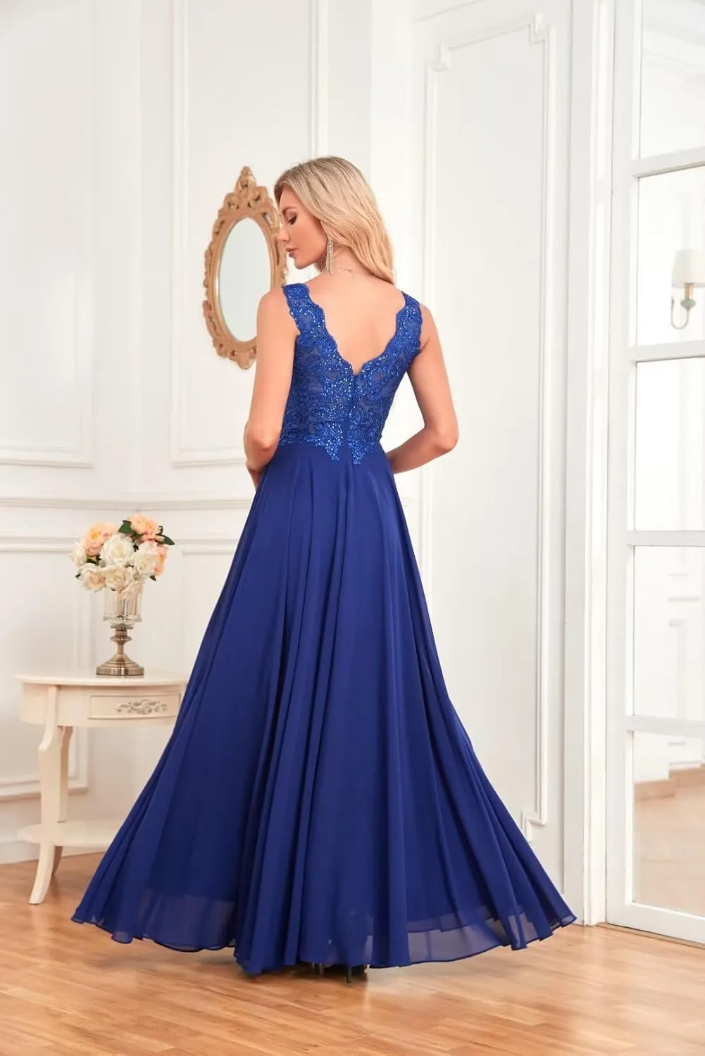 Chiffon V-Neck Mother of The Bride Dresses for Wedding Lace Appliques Sequin Formal Evening Gown