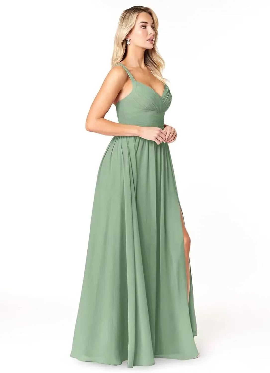 Chiffon V Neck Ruffle Bridesmaid Dress with Slit A-line Spaghetti Straps Ruched Formal Evening Dresses AU136
