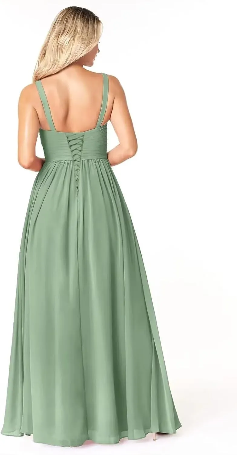 Chiffon V Neck Ruffle Bridesmaid Dress with Slit A-line Spaghetti Straps Ruched Formal Evening Dresses AU136