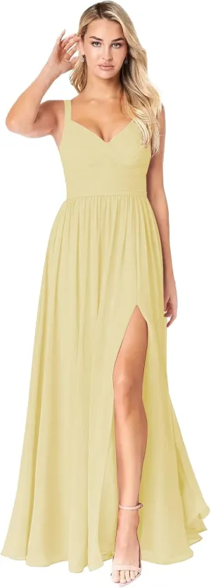 Chiffon V Neck Ruffle Bridesmaid Dress with Slit A-line Spaghetti Straps Ruched Formal Evening Dresses AU136