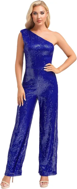 Choomomo Womens Sequin Sleeveless Jumpsuits One Shoulder Elegant Sparkly Wide Leg Long Pants Jumpsuits