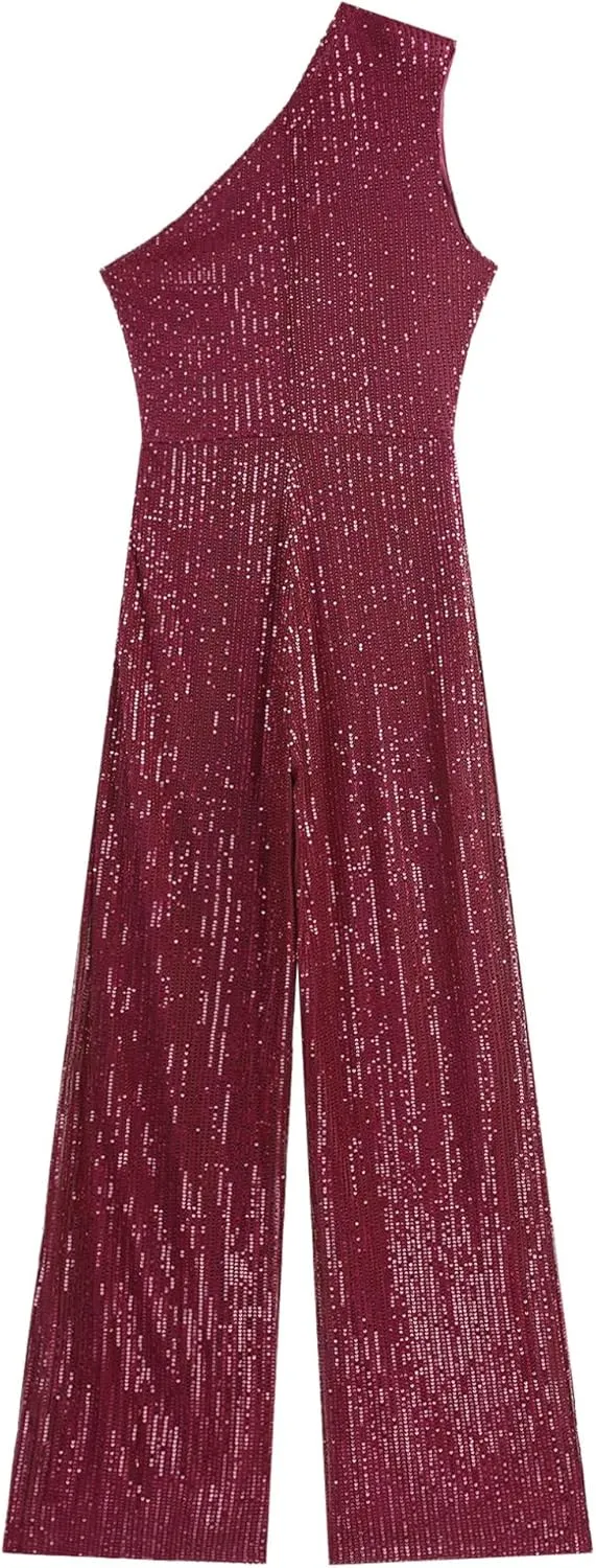 Choomomo Womens Sequin Sleeveless Jumpsuits One Shoulder Elegant Sparkly Wide Leg Long Pants Jumpsuits