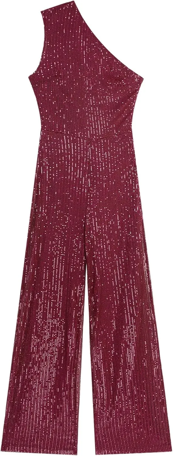 Choomomo Womens Sequin Sleeveless Jumpsuits One Shoulder Elegant Sparkly Wide Leg Long Pants Jumpsuits